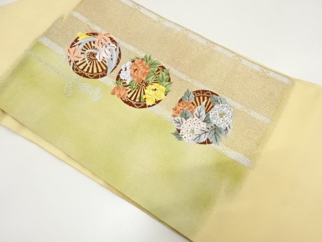 源氏車に紫陽花・牡丹・菖蒲模様織り出し　名古屋帯